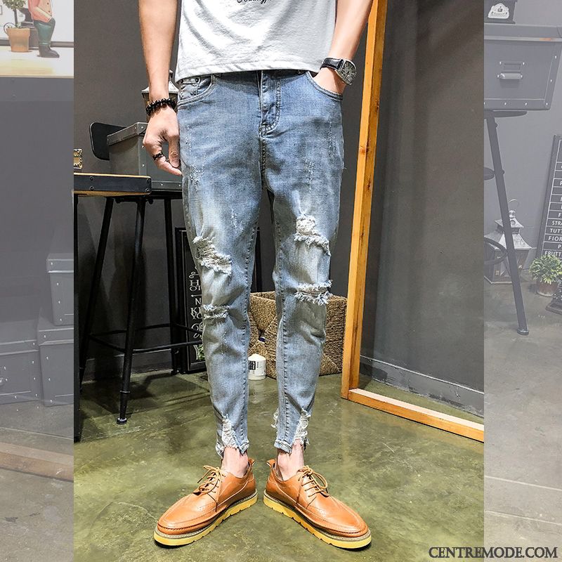 Jeans Homme Collants Maigre Tendance Troués Slim Bleu