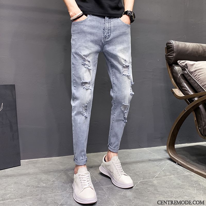 Jeans Homme Collants Maigre Tendance Troués Slim Bleu