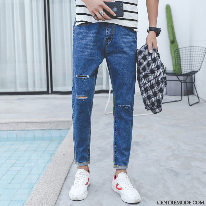 Jeans Homme Collants Printemps Hiver Slim Des Trous Dans Les Jeans Tendance Bleu