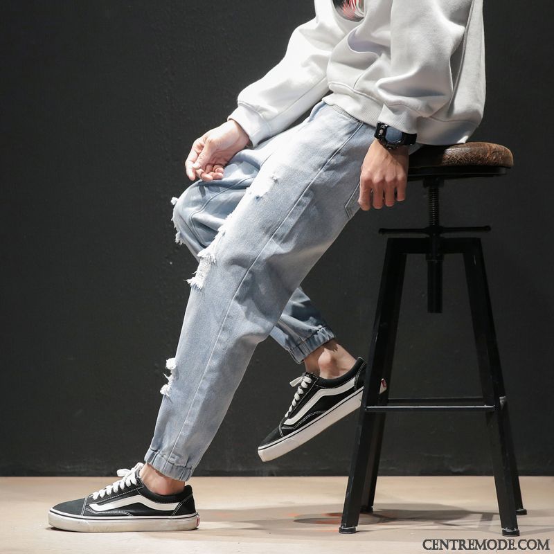 Jeans Homme Gras Marque De Tendance Des Trous Dans Les Jeans Printemps Été Grande Taille Bleu