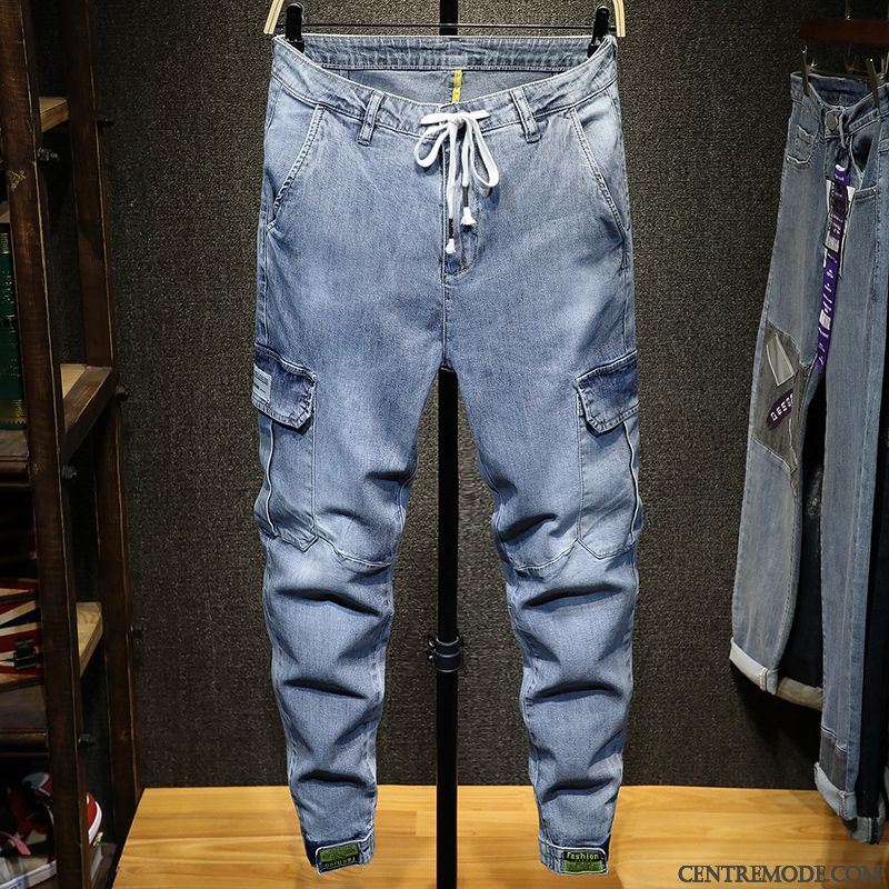 Jeans Homme Harlan Été Baggy Laçage Tendance Cargo Bleu Clair