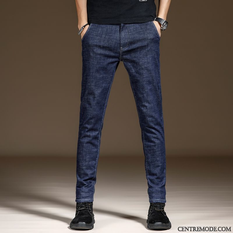 Jeans Homme Jambe Droite Extensible Tendance Été Décontractée Pantalon Bleu