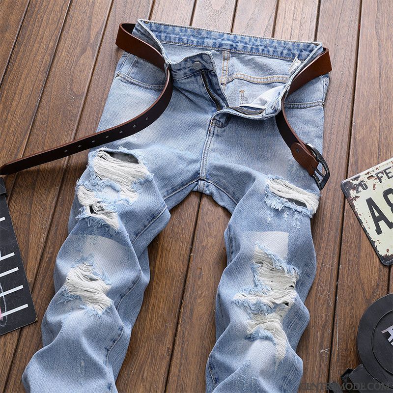 Jeans Homme Jambe Droite Tendance Troués Personnalité Légère Jeunesse Bleu Clair Bleu