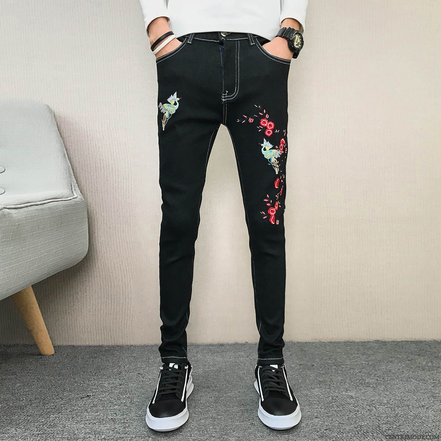 Jeans Homme L'automne Épaissir Slim Pantalons Plus De Velours Chauds Noir