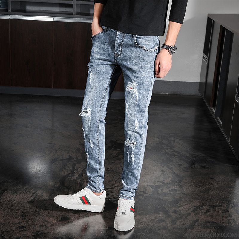 Jeans Homme Légère Maigre Collants Des Trous Dans Les Jeans Marque De Tendance Slim Bleu Clair