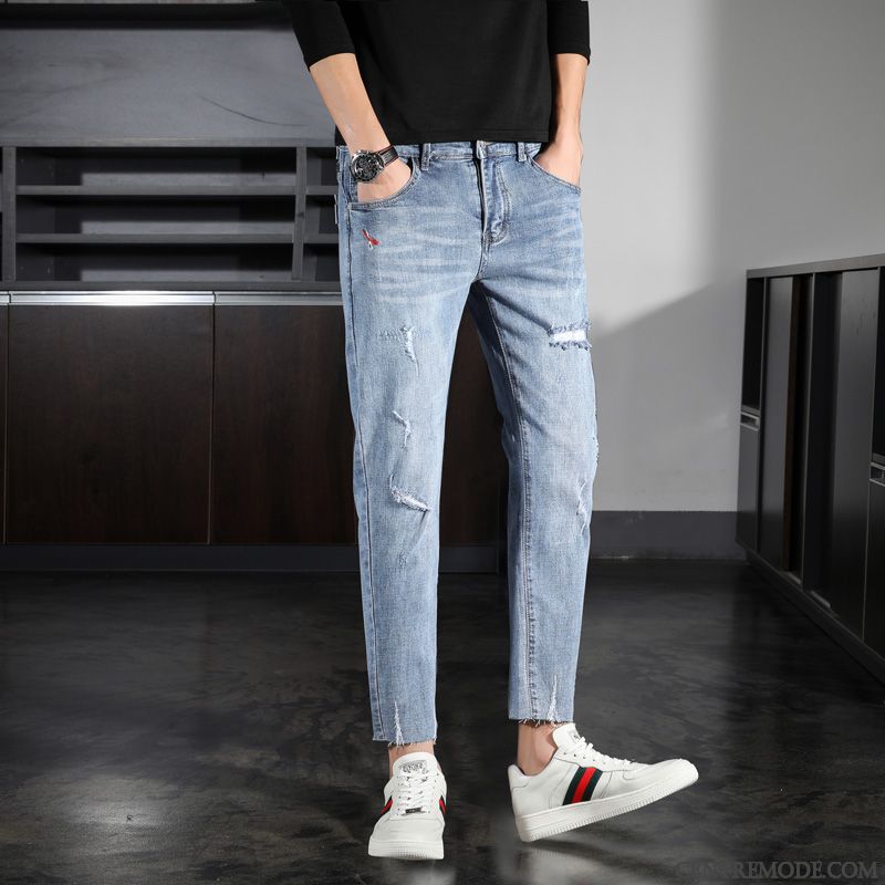 Jeans Homme Légère Maigre Collants Des Trous Dans Les Jeans Marque De Tendance Slim Bleu Clair