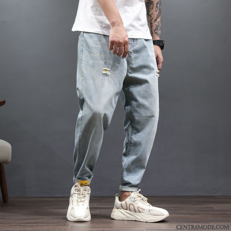 Jeans Homme Légère Été Troués Delavé Tendance Rétro Bleu Clair Bleu