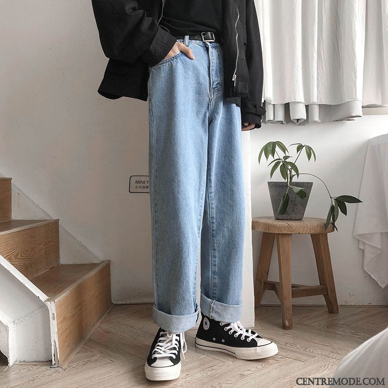 Jeans Homme Rétro Tendance Baggy Légère Été Delavé Bleu Clair