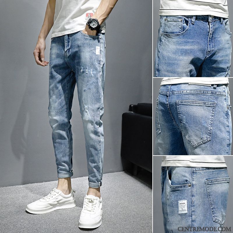 Jeans Homme Slim Marque De Tendance Printemps Décontractée Troués Extensible Bleu Clair