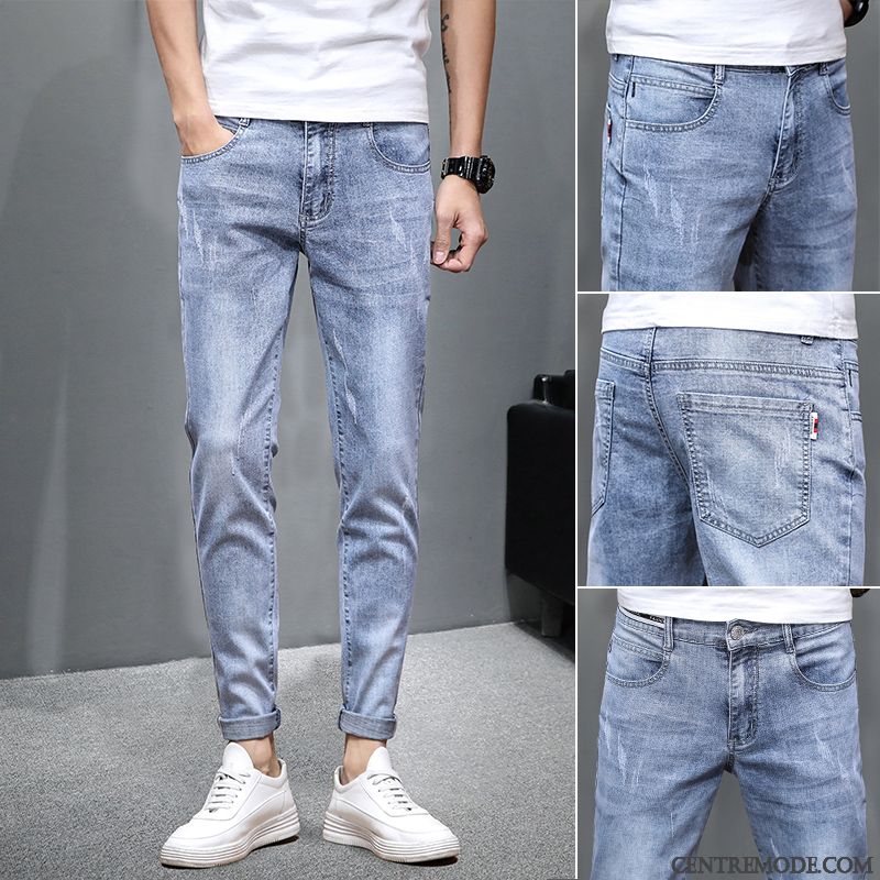 Jeans Homme Slim Marque De Tendance Printemps Décontractée Troués Extensible Bleu Clair