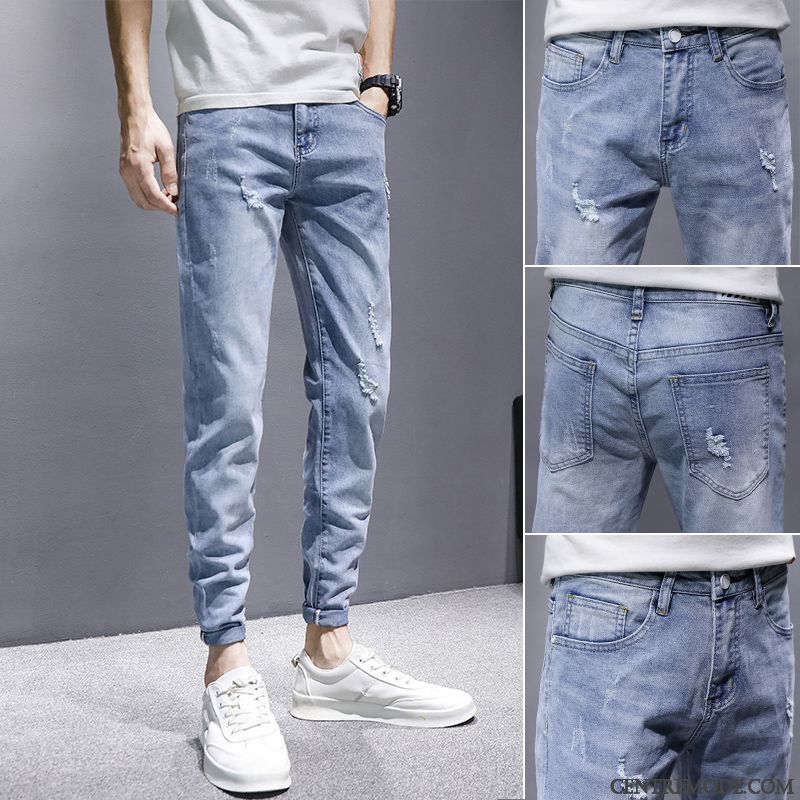 Jeans Homme Slim Marque De Tendance Printemps Décontractée Troués Extensible Bleu Clair