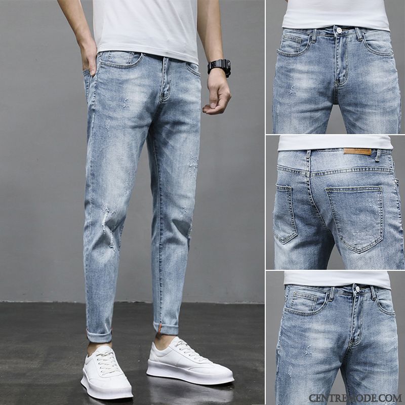 Jeans Homme Slim Marque De Tendance Printemps Décontractée Troués Extensible Bleu Clair