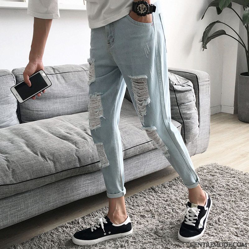 Jeans Homme Tendance Maigre Les Adolescents Printemps Troués L'automne Bleu Clair