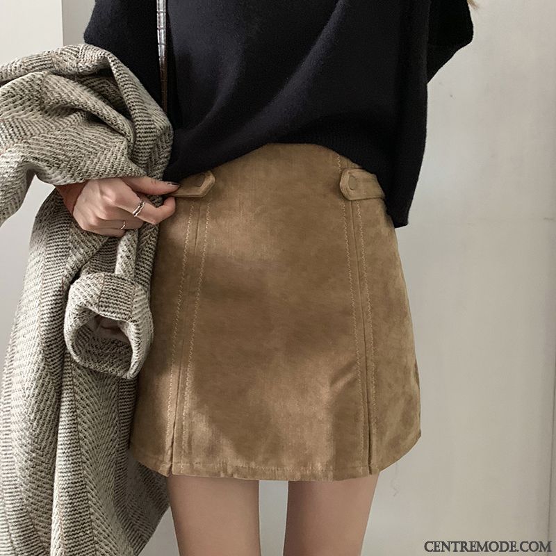 Jupes Femme Velours Côtelé Hiver L'automne Tempérament Jupe Courtes Haute Cintrée Noir