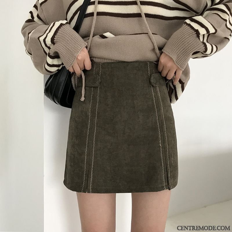 Jupes Femme Velours Côtelé Hiver L'automne Tempérament Jupe Courtes Haute Cintrée Noir
