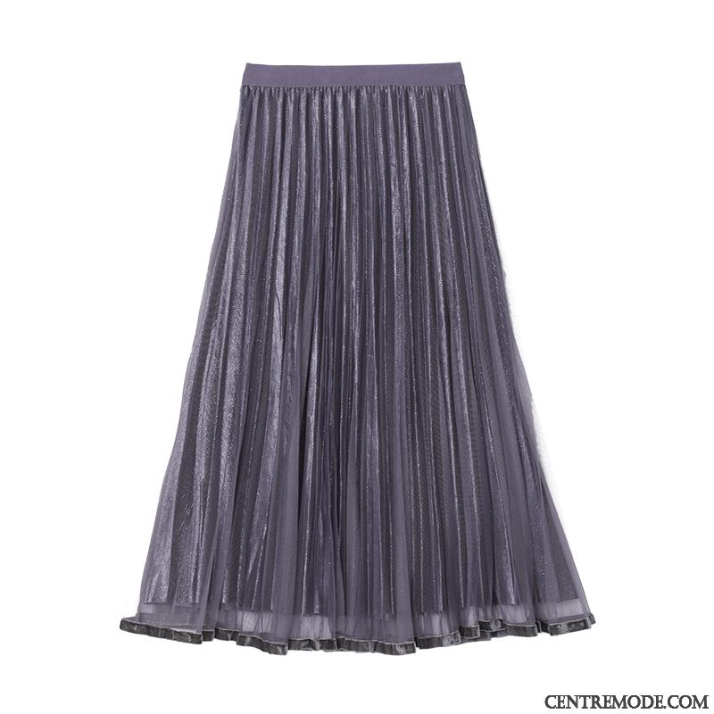 Jupes Femme Été Longue Haute Cintrée Plissé Fil Mince Bleu Violet