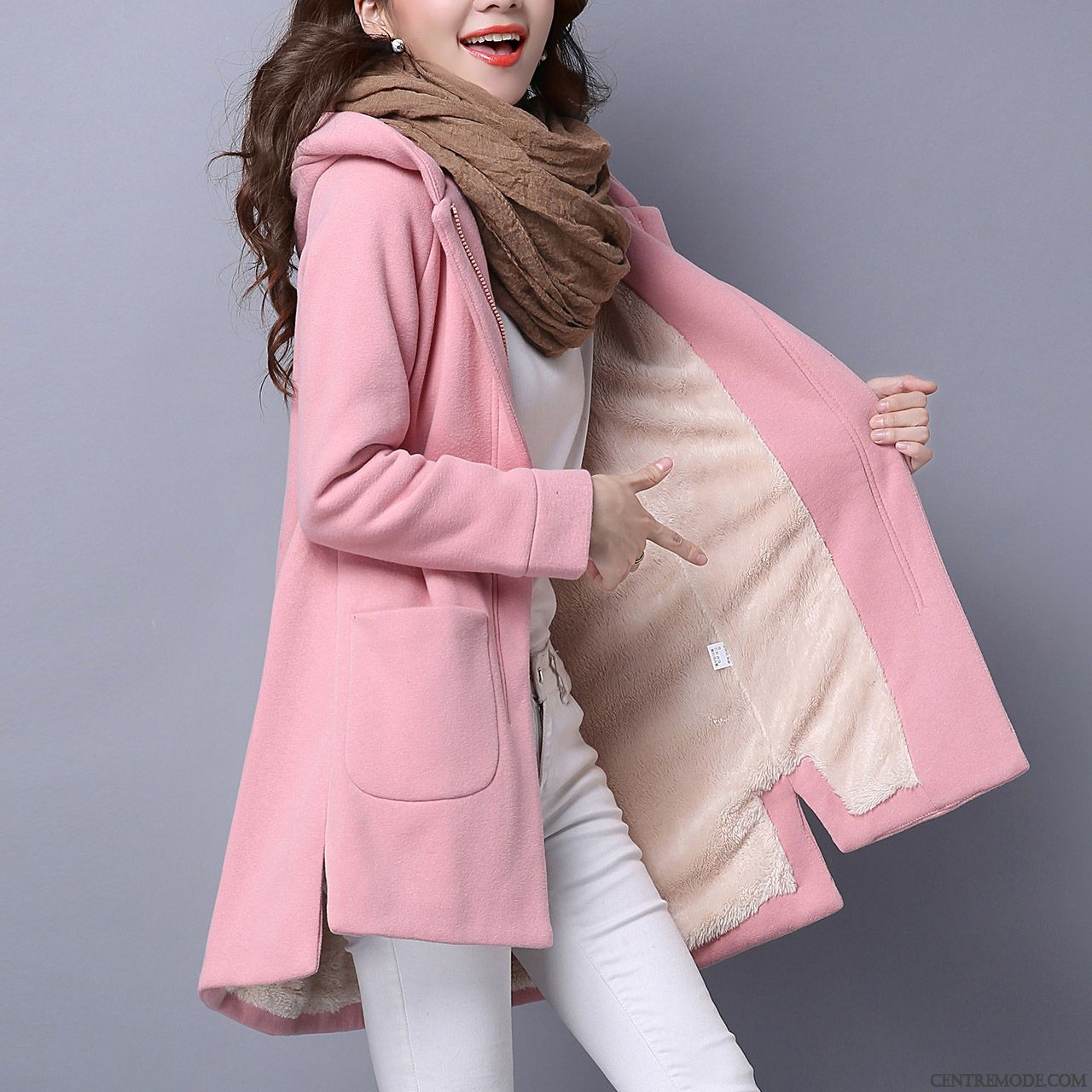 Manteau Avec Capuche Fourrure Femme, Manteau Avec Capuche Bisque Corail