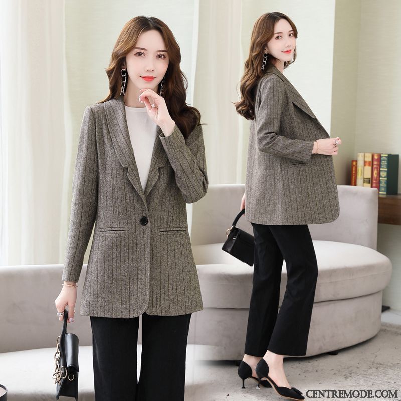 Manteaux Femme Rayé Tissu De Laine Manteau En Laine L'automne Parka Blazer Blanc