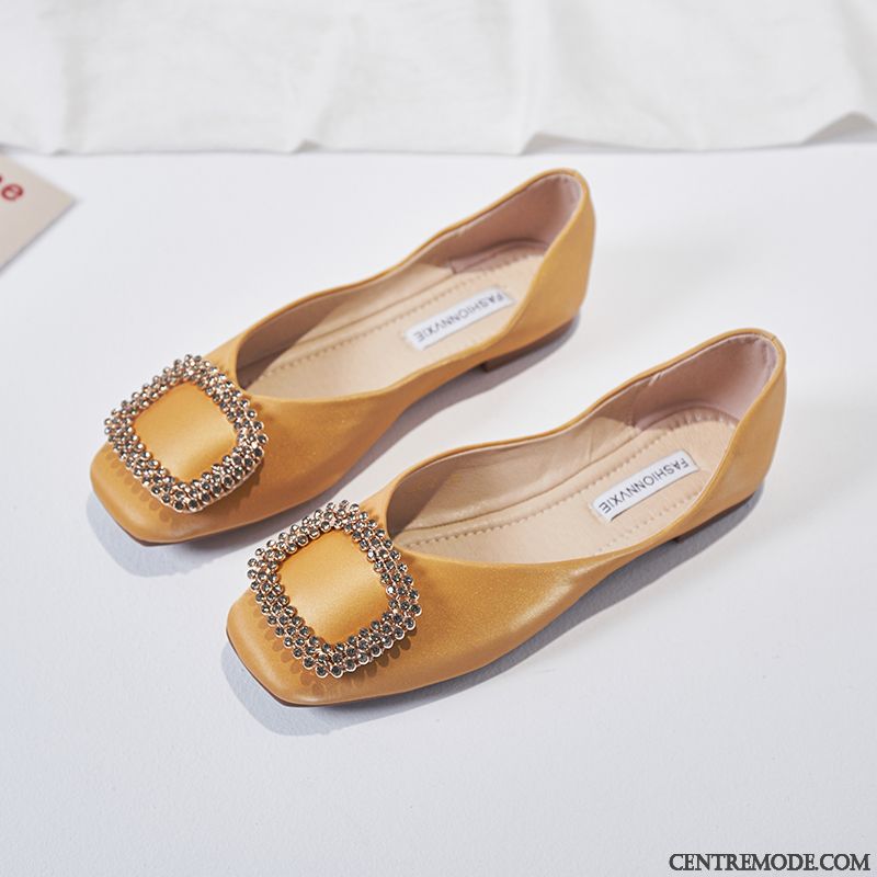 Mocassins Femme Confortable Derbies En Cuir Plates Printemps Tête Carrée Jaune Clair