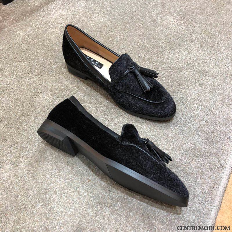 Mocassins Femme Derbies Cuir Véritable Slip-on Printemps Pompon L'automne Noir