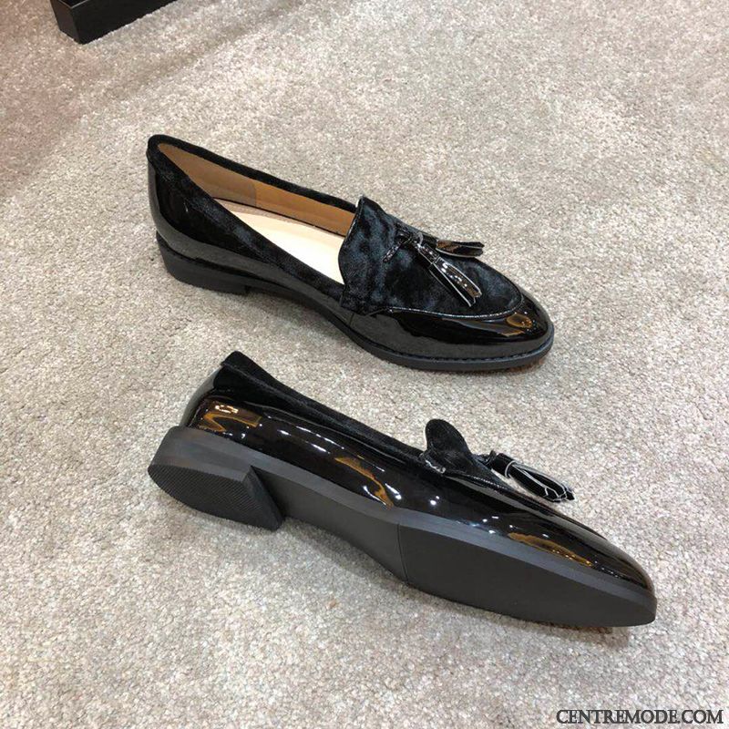 Mocassins Femme Derbies Cuir Véritable Slip-on Printemps Pompon L'automne Noir