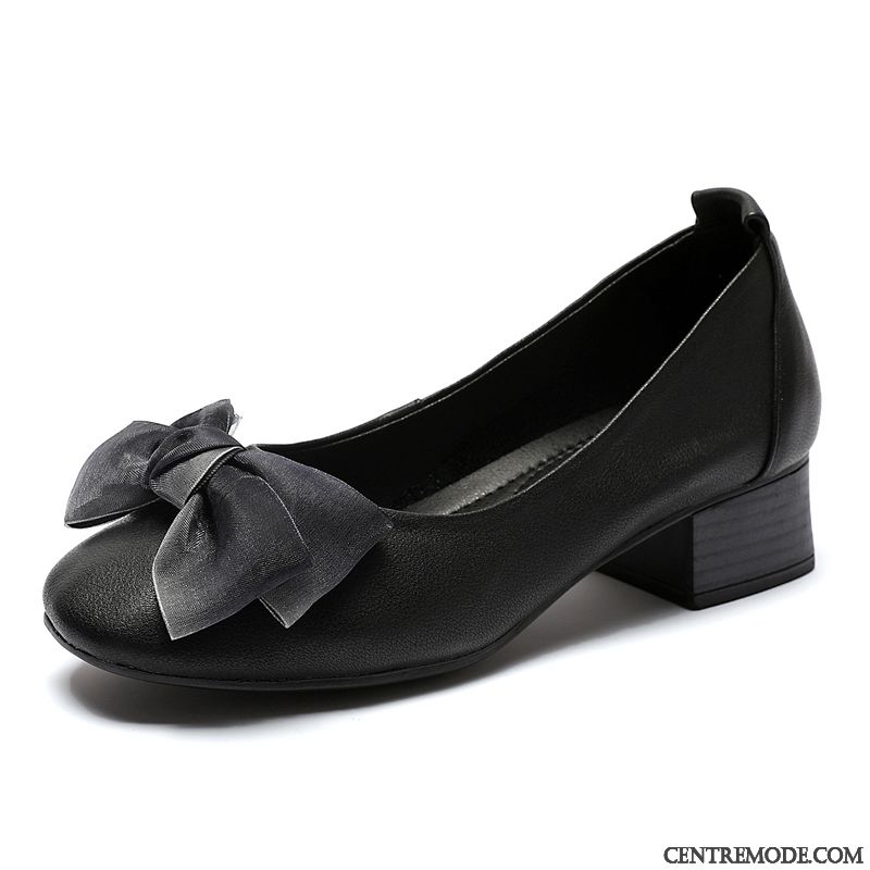 Mocassins Femme En Cuir Été Arc Talon Moyen Derbies Épais Noir Clair