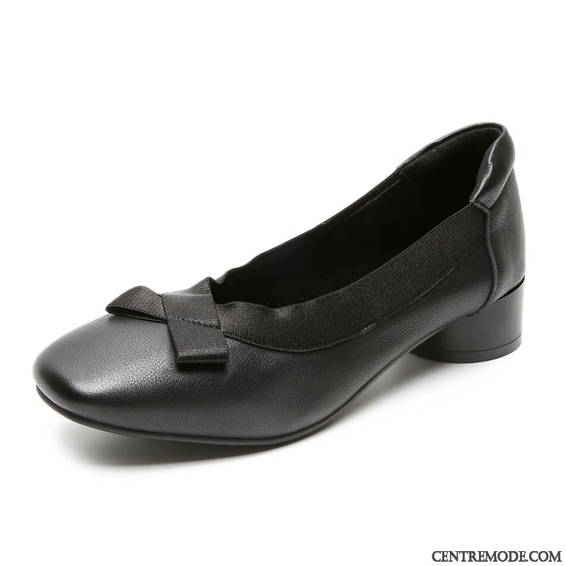 Mocassins Femme Printemps Épais Cuir Véritable Tête Carrée Slip-on Derbies Noir Clair