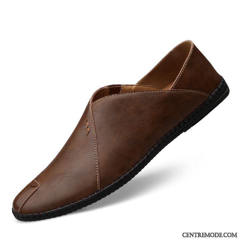 Mocassins Homme Chaussures En Cuir Semelle Doux Slip-on Cuir Véritable Décontractée Été Rouge Marron