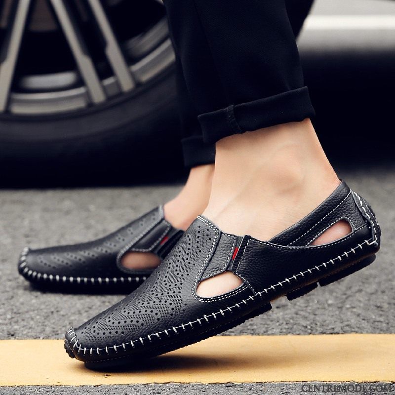 Mocassins Homme Creux Guipure Cuir Véritable En Cuir Tendance Printemps Tous Les Assortis Noir