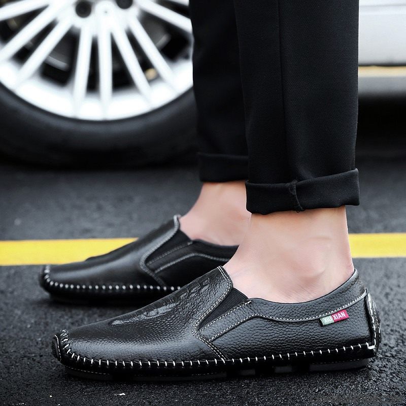 Mocassins Homme Creux Guipure Cuir Véritable En Cuir Tendance Printemps Tous Les Assortis Noir