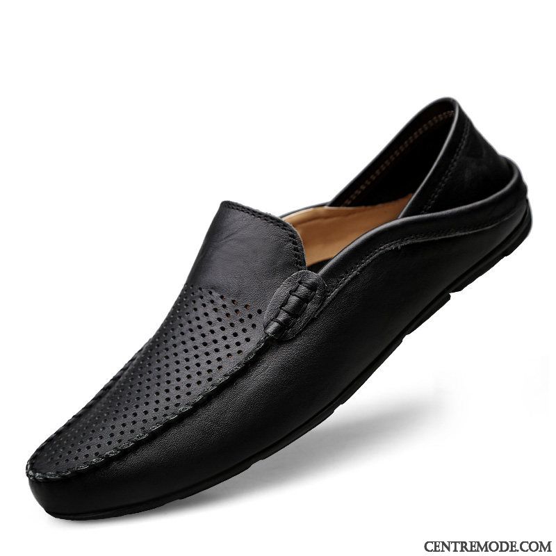 Mocassins Homme Creux Guipure Cuir Véritable En Cuir Tendance Printemps Tous Les Assortis Noir