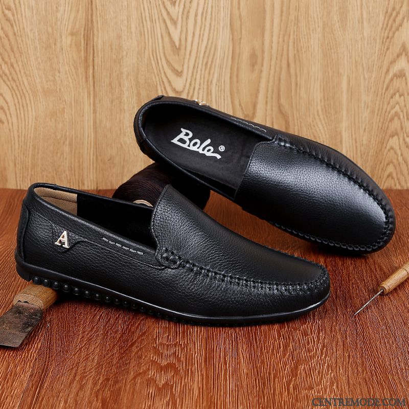 Mocassins Homme Creux Guipure Décontractée En Cuir Chaussures En Cuir Été Semelle Doux Noir