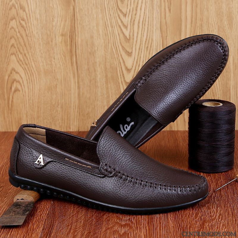 Mocassins Homme Creux Guipure Décontractée En Cuir Chaussures En Cuir Été Semelle Doux Noir