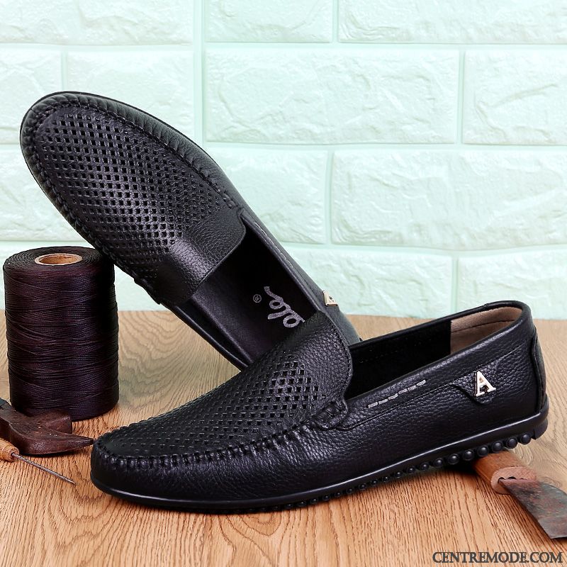Mocassins Homme Creux Guipure Décontractée En Cuir Chaussures En Cuir Été Semelle Doux Noir