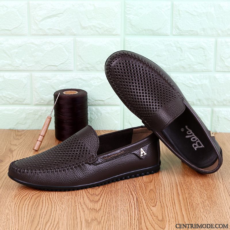 Mocassins Homme Creux Guipure Décontractée En Cuir Chaussures En Cuir Été Semelle Doux Noir