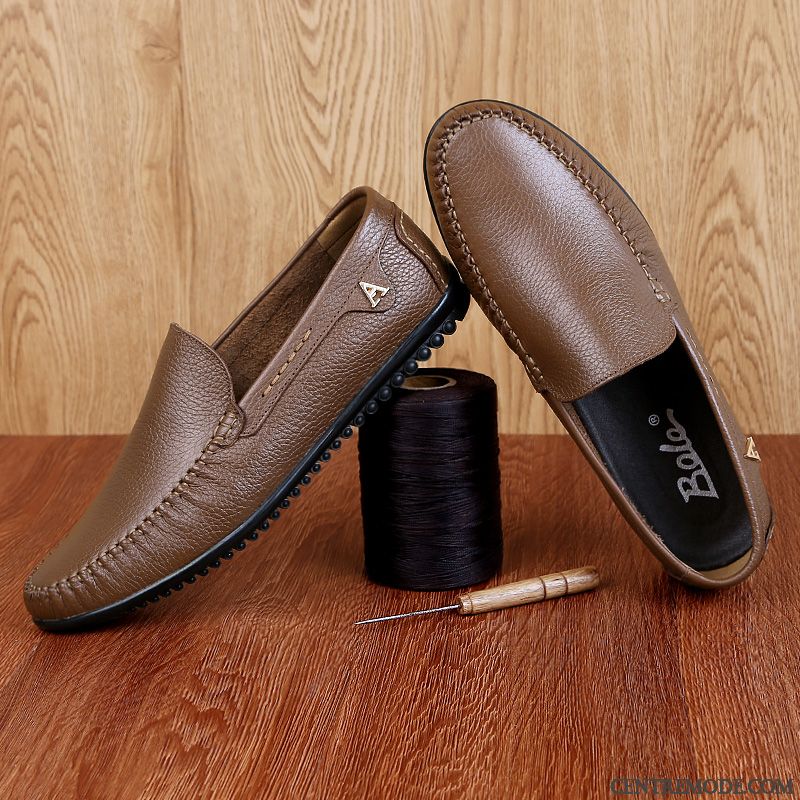 Mocassins Homme Creux Guipure Décontractée En Cuir Chaussures En Cuir Été Semelle Doux Noir