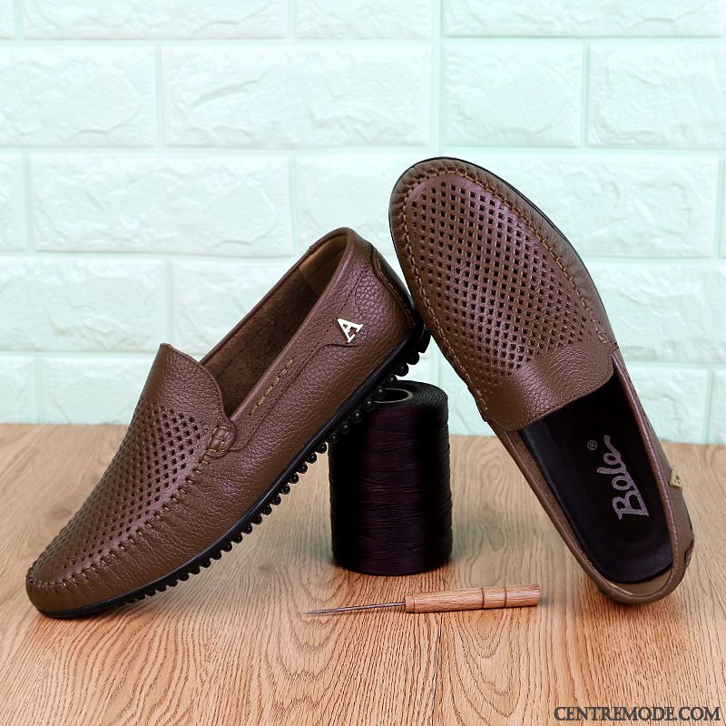 Mocassins Homme Creux Guipure Décontractée En Cuir Chaussures En Cuir Été Semelle Doux Noir