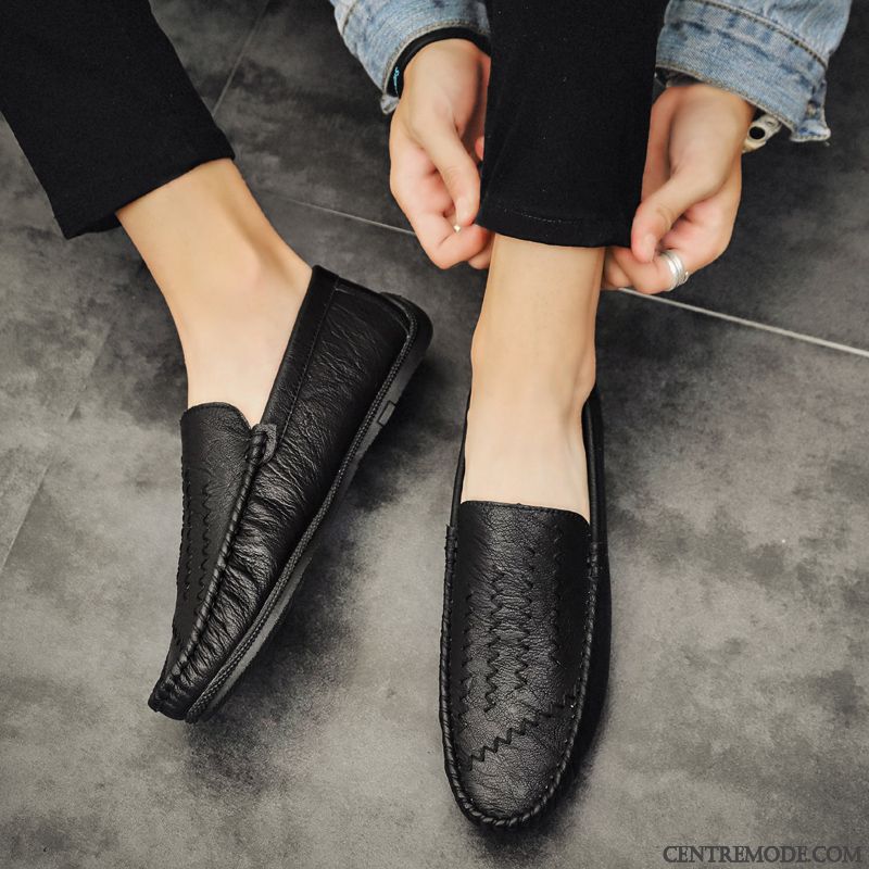 Mocassins Homme Cuir Véritable Hiver Décontractée Plus De Velours Tous Les Assortis Mariée Noir