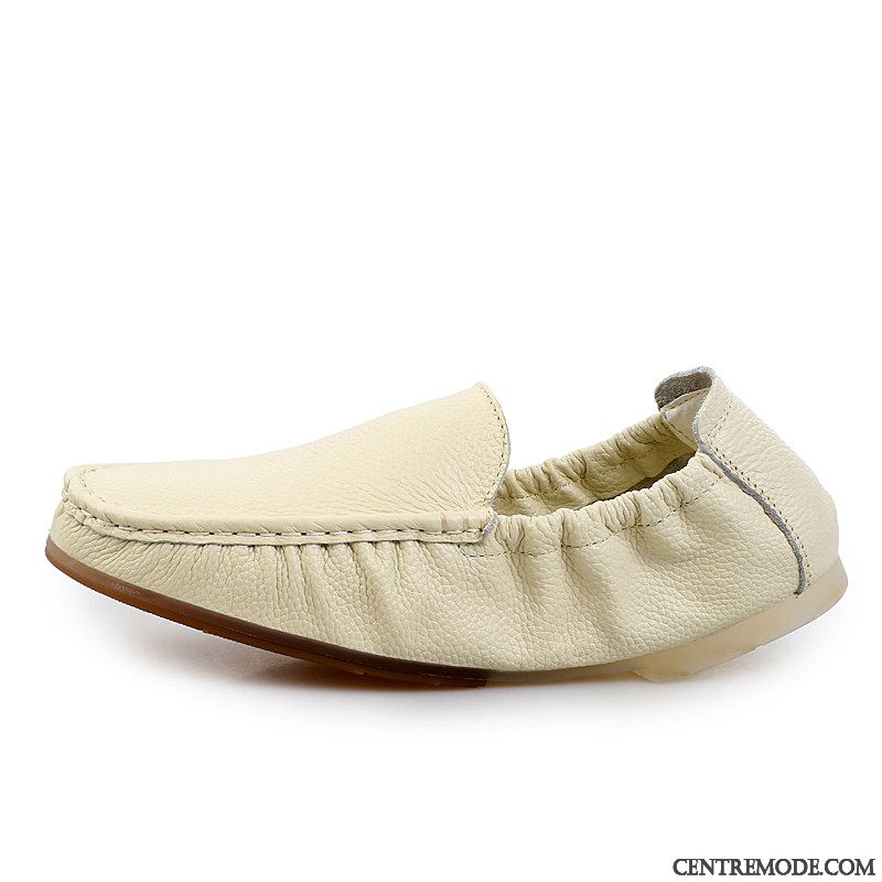 Mocassins Homme Dessus Cuir Décontractée Chaussures En Cuir Semelle Doux Cuir Véritable Slip-on Blanc