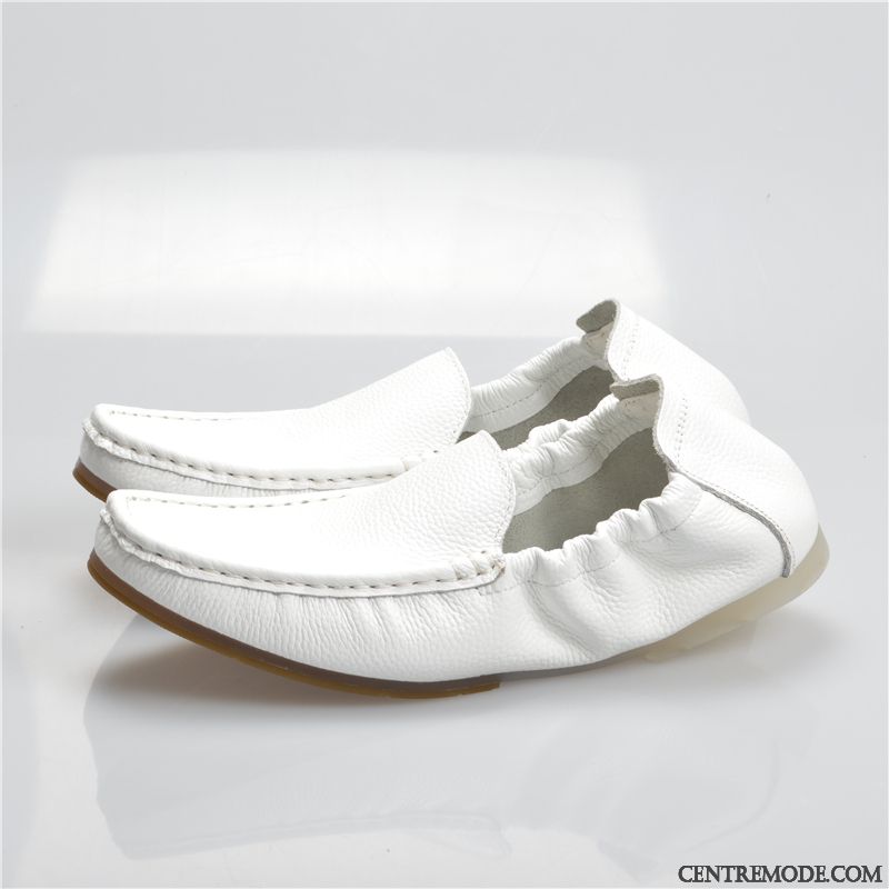 Mocassins Homme Dessus Cuir Décontractée Chaussures En Cuir Semelle Doux Cuir Véritable Slip-on Blanc