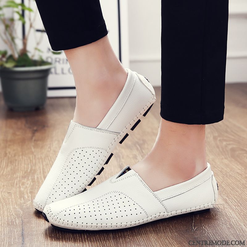 Mocassins Homme Décontractée Chaussures En Cuir Tendance Cuir Véritable Semelle Doux Respirant Blanc