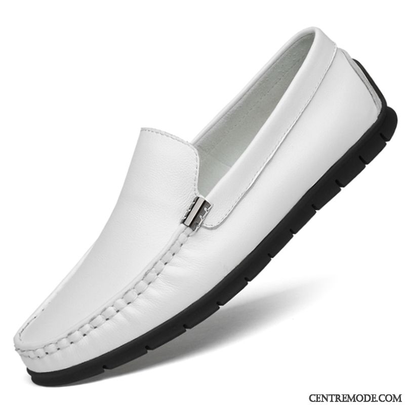 Mocassins Homme Décontractée Tous Les Assortis Chaussures En Cuir Été Cuir Véritable Blanc