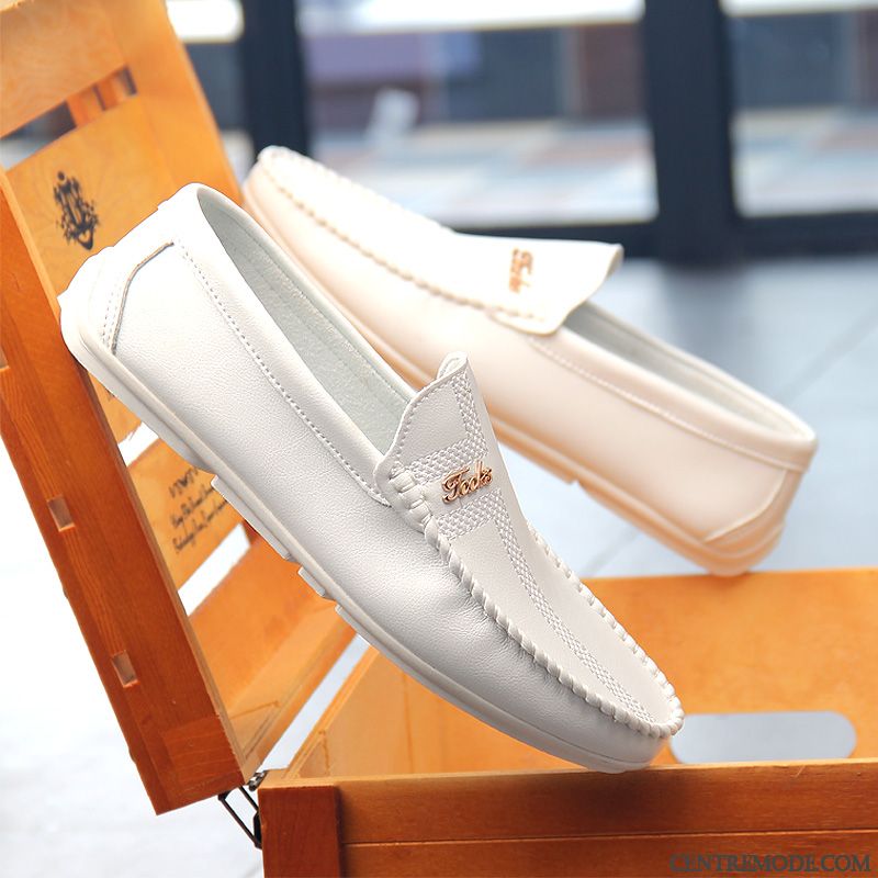 Mocassins Homme Personnalité Tendance Tous Les Assortis Été Chaussures En Cuir Décontractée Blanc