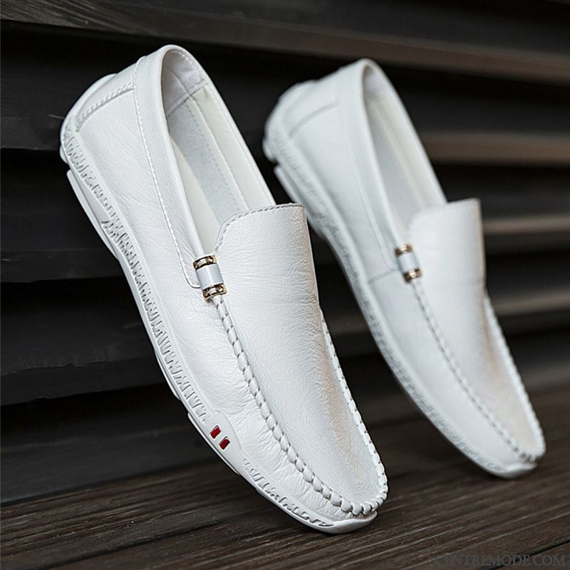 Mocassins Homme Respirant Chaussures En Cuir Décontractée Flâneurs Été Tendance Blanc Marron