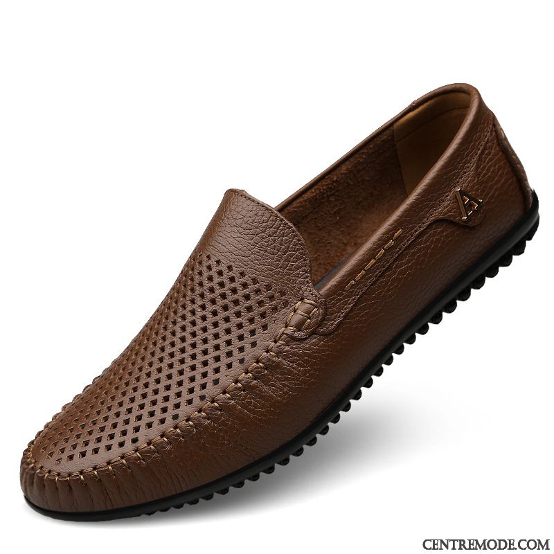 Mocassins Homme Respirant Creux Guipure Été Chaussures En Cuir Décontractée Cuir Véritable Brun