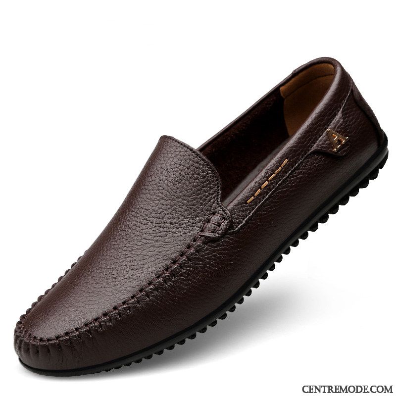 Mocassins Homme Respirant Creux Guipure Été Chaussures En Cuir Décontractée Cuir Véritable Brun