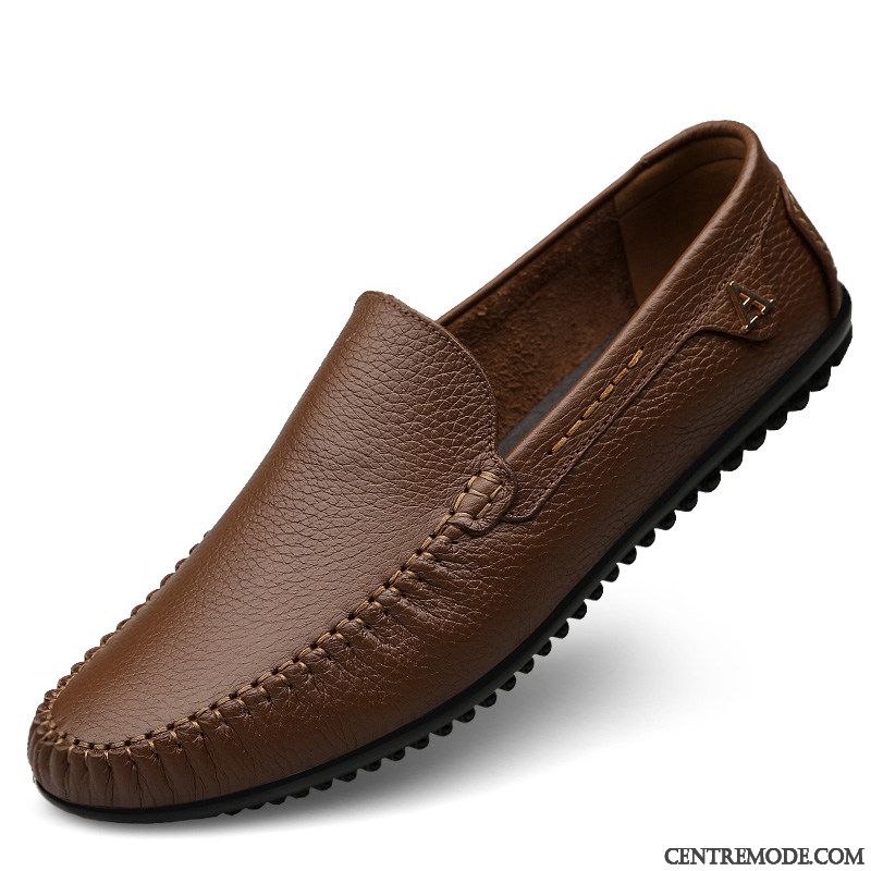 Mocassins Homme Respirant Creux Guipure Été Chaussures En Cuir Décontractée Cuir Véritable Brun