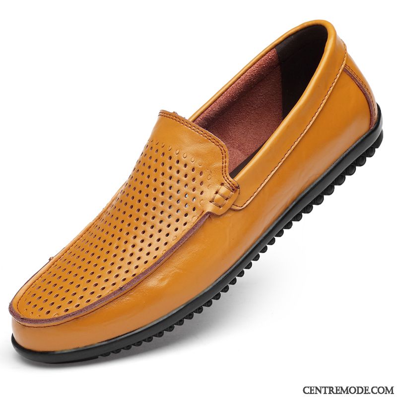 Mocassins Homme Respirant Décontractée Été Chaussures En Cuir Creux Guipure Cuir Véritable Jaune