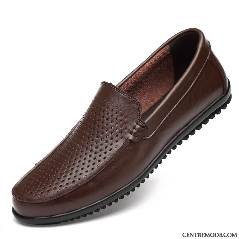 Mocassins Homme Respirant Décontractée Été Chaussures En Cuir Creux Guipure Cuir Véritable Jaune