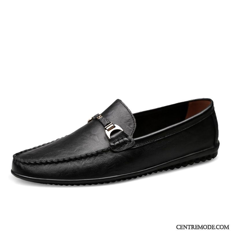 Mocassins Homme Respirant Été Cuir Véritable Flâneurs Décontractée Tous Les Assortis Noir